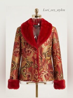 Beautiful Samuel Dong Red Embroidered Brocade Blazer with Gold and Olive Paisley